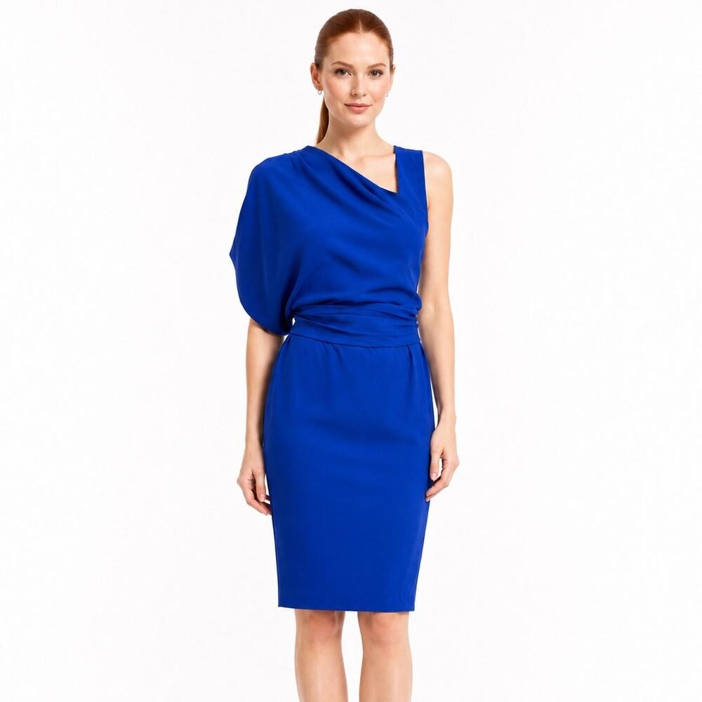 Escada Royal Blue Draped Shoulder 100% Silk Cocktail Dress